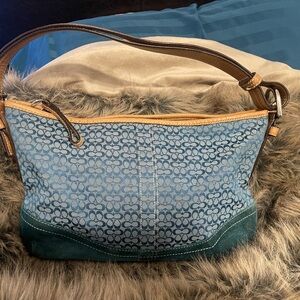 Coach blue and tan logo suede leather  bag